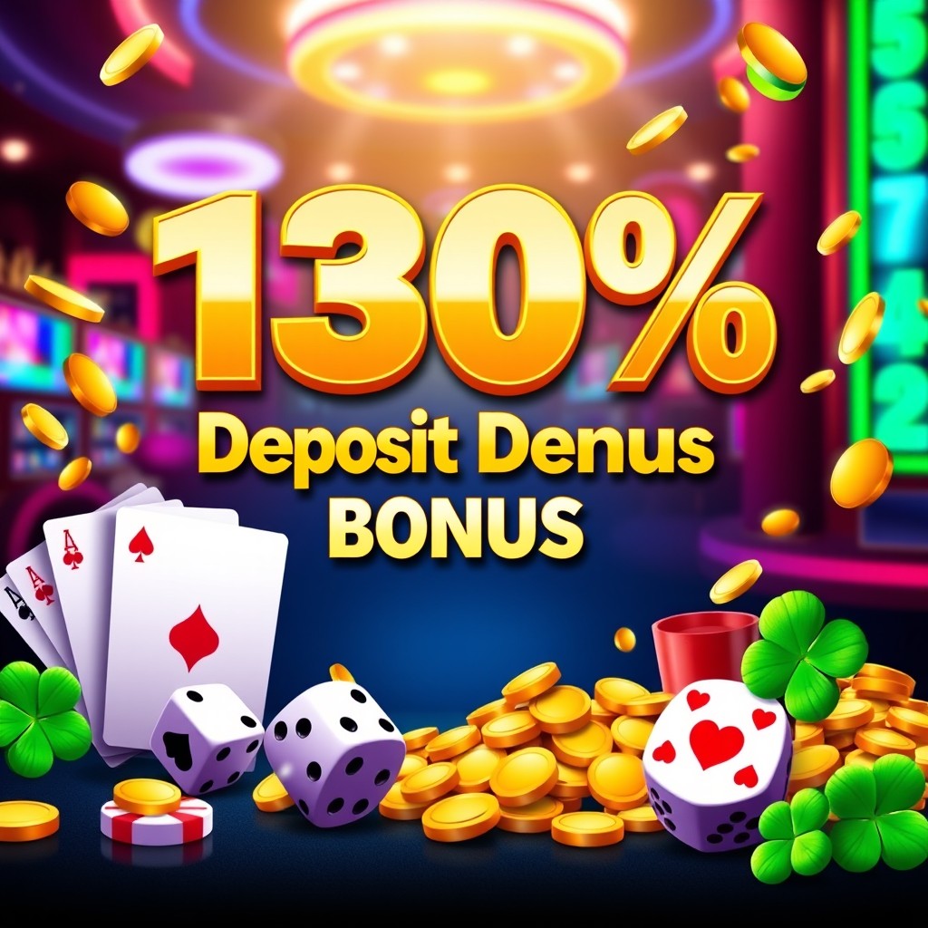 A visually appealing digital poster promoting a 130% deposit bonus for an online casino