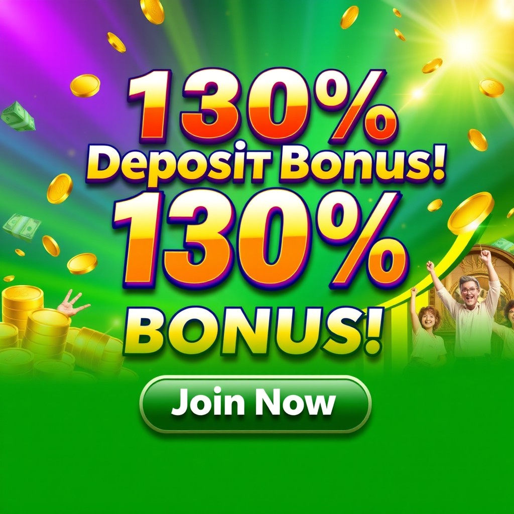 A vibrant and eye-catching advertisement for a 130% deposit bonus, featuring bold text that reads '130% Deposit Bonus!' in an attractive font