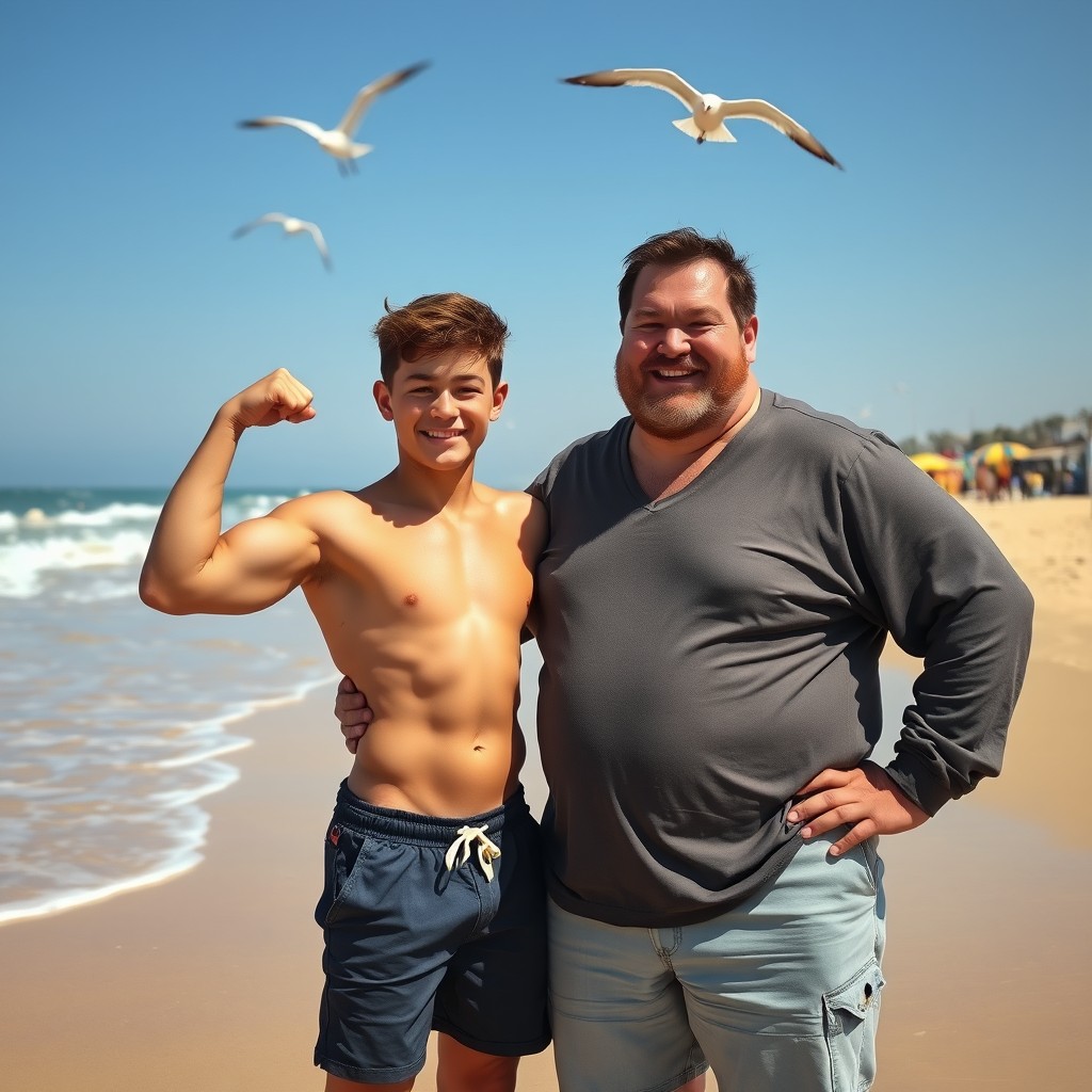 A muscular young teenager confidently posing at the beach alongside a jovial, hefty man