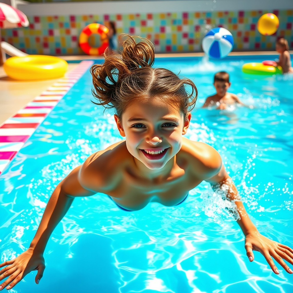 A muscular 12-year-old girl confidently diving into a bright and lively swimming pool