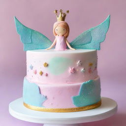 A whimsical tooth fairy themed cake with delicate pastel icing, adorned with edible glitter, sugar stars and intricate fairy wings on top.