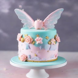 A whimsical tooth fairy themed cake with delicate pastel icing, adorned with edible glitter, sugar stars and intricate fairy wings on top.