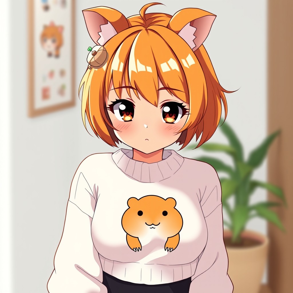 An anime-style adult woman with golden brown tanned skin, featuring striking orange short hair with side bangs that gracefully reach her chin, complemented by bangs framing her forehead