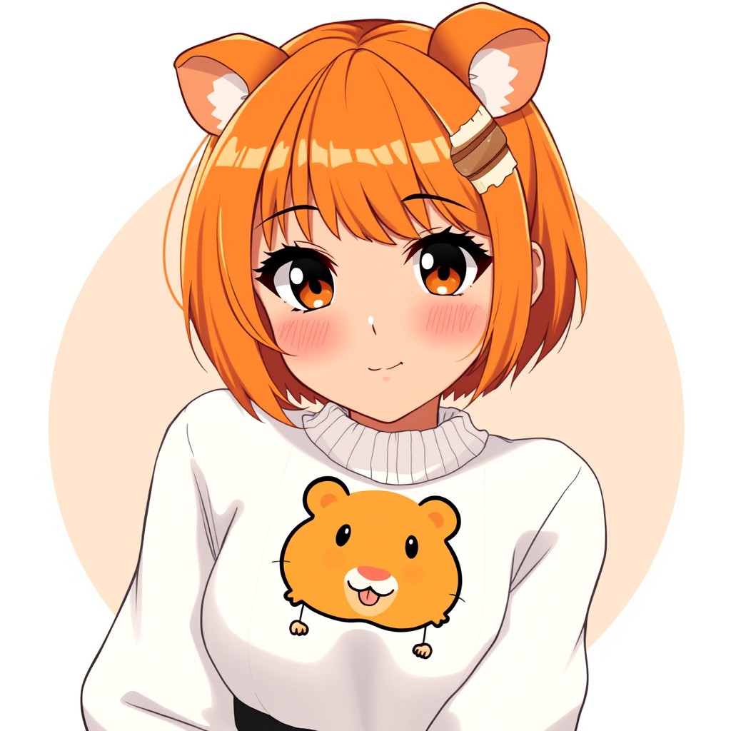 An anime adult woman with golden brown tanned skin showcasing vibrant orange short hair with side bangs that elegantly reach her chin, along with bangs that fringe her forehead