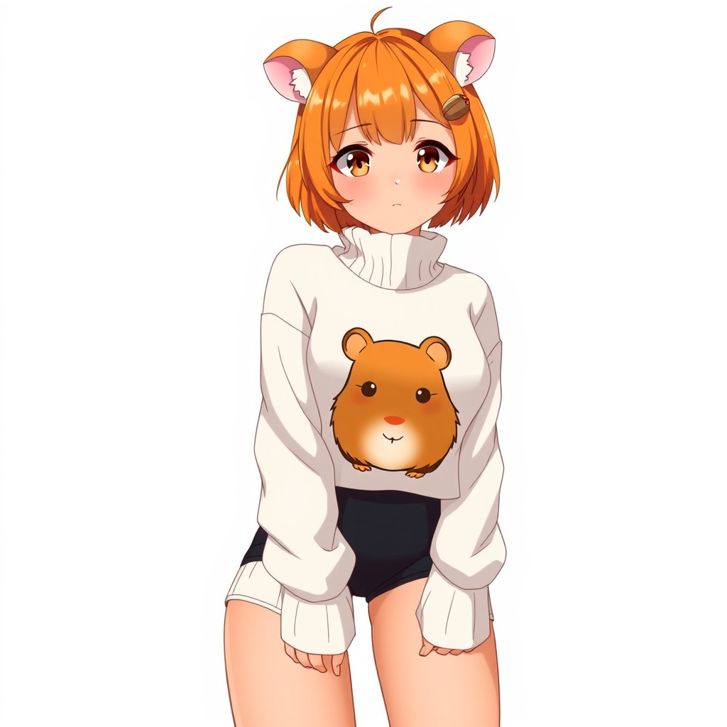 An anime adult woman with golden brown tanned skin, sporting vibrant orange short hair styled with side bangs that reach her chin and bangs that frame her forehead