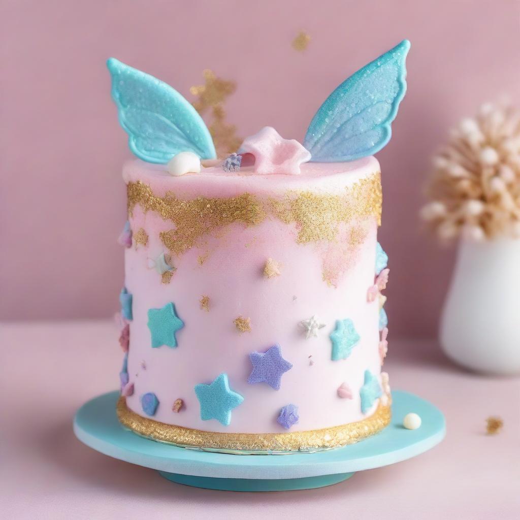 A whimsical tooth fairy themed cake with delicate pastel icing, adorned with edible glitter, sugar stars and intricate fairy wings on top.