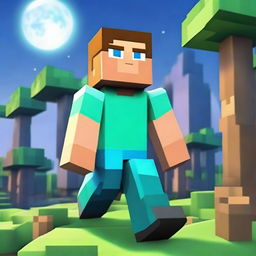 Alex, not Steve, as a legendary character in the Minecraft universe, garbed in enchanted diamond gear, gracefully posed against a setting of pixelated landscapes and a sparkling, cube-shaped moon.