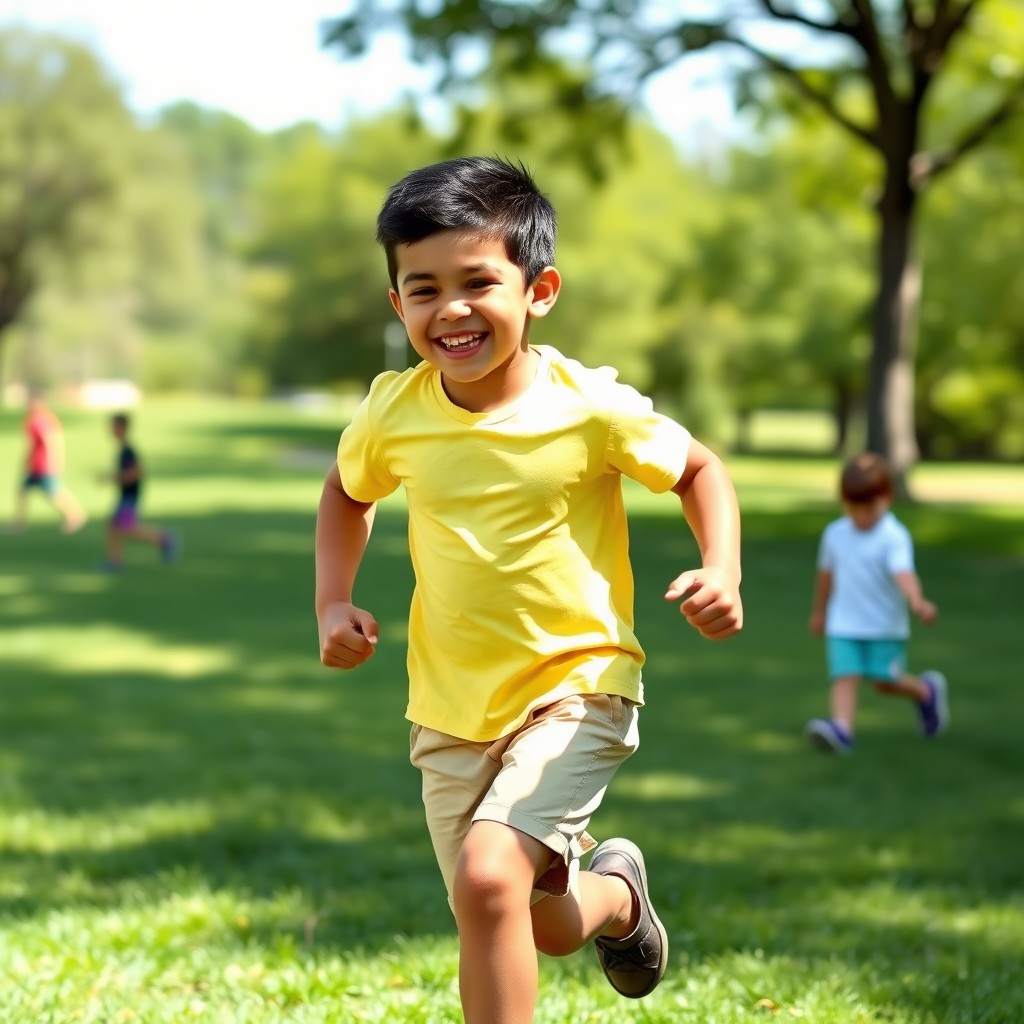 A playful 8-year-old boy with large muscles, energetically playing outside in a sunny park