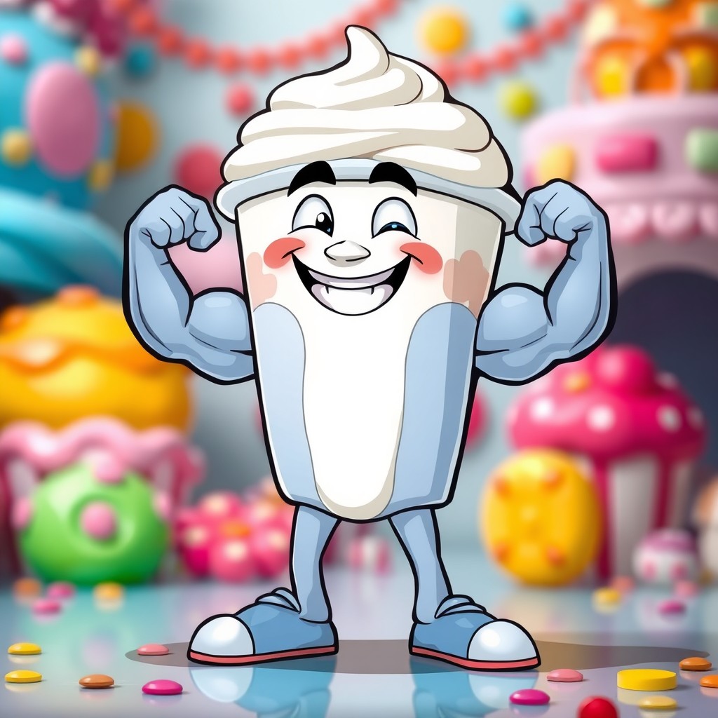 A stylized and cartoonish representation of a muscular thirteen-year-old character with exaggerated features, resembling a pudding cup with arms and legs