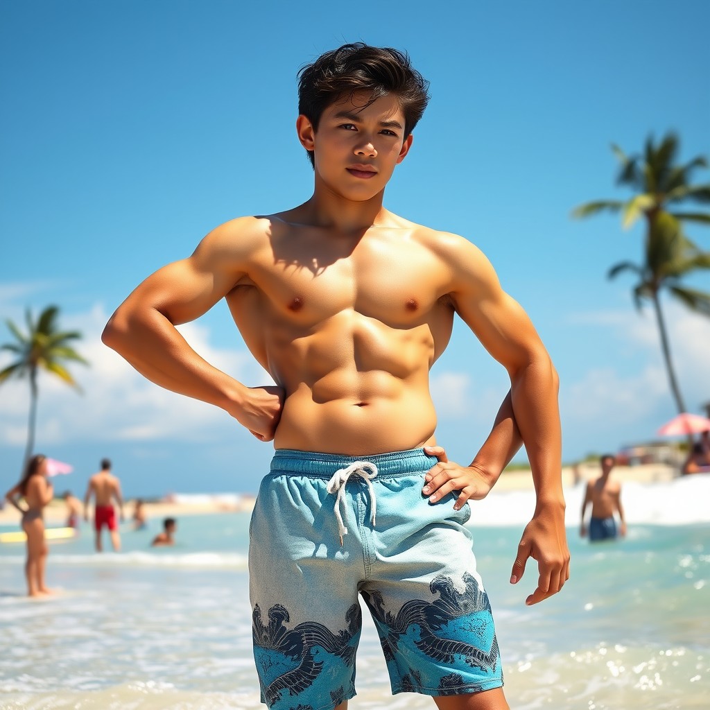 A muscular teenage boy, showcasing impressive bodybuilding physique, standing confidently on a sunny beach