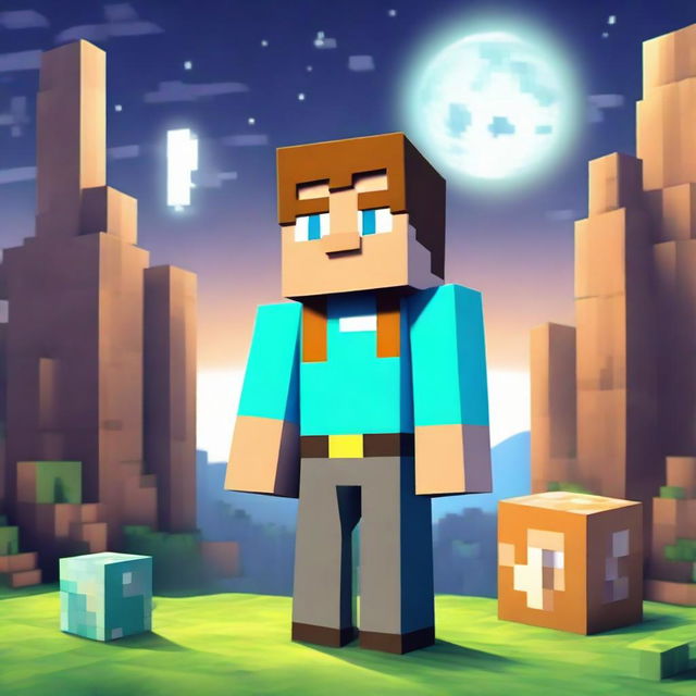 Alex, not Steve, as a legendary character in the Minecraft universe, garbed in enchanted diamond gear, gracefully posed against a setting of pixelated landscapes and a sparkling, cube-shaped moon.