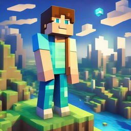 Alex, not Steve, as a legendary character in the Minecraft universe, garbed in enchanted diamond gear, gracefully posed against a setting of pixelated landscapes and a sparkling, cube-shaped moon.