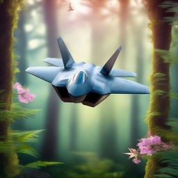 An F22 Raptor soaring peacefully above a magical forest brimming with vibrant, enchanting flora and ethereal, soft lighting