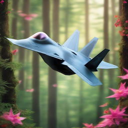 An F22 Raptor soaring peacefully above a magical forest brimming with vibrant, enchanting flora and ethereal, soft lighting