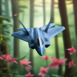 An F22 Raptor soaring peacefully above a magical forest brimming with vibrant, enchanting flora and ethereal, soft lighting