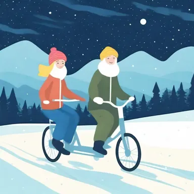 Under the starry sky, they went on a romantic winter date riding a tandem skibob, gliding through the snowy landscape hand in hand.