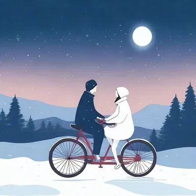 Under the starry sky, they went on a romantic winter date riding a tandem skibob, gliding through the snowy landscape hand in hand.