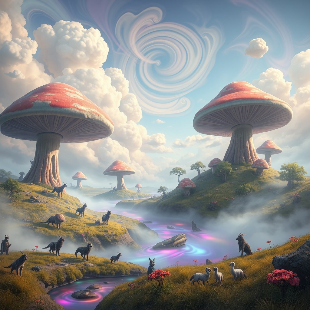A captivating and artistic portrayal of a surreal landscape, where giant, colorful mushroom-like structures rise above a dreamlike, misty terrain