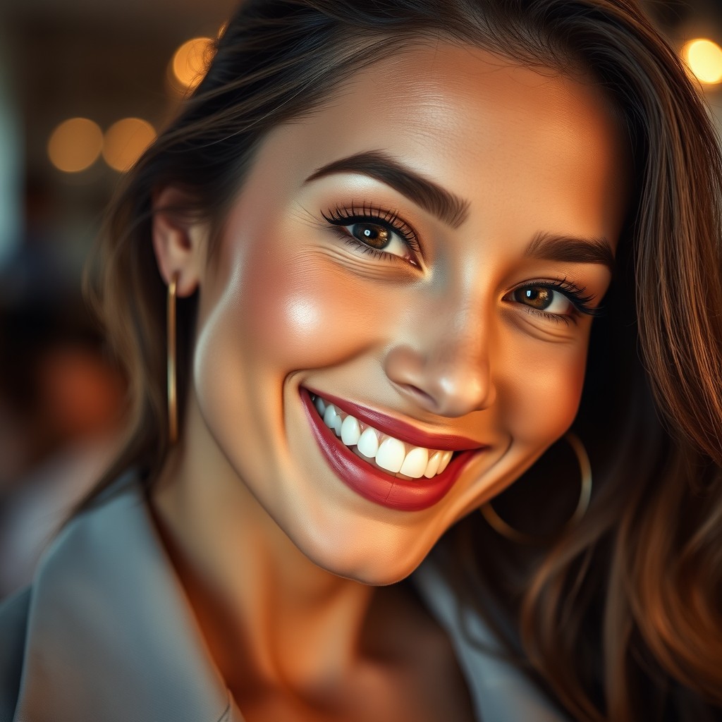 A stunning close-up portrait of a woman showcasing her beauty, featuring soft natural lighting, with a focus on her expressive eyes and radiant smile