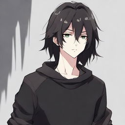 Anime-style boy with long, flowing black hair wearing a casual, black sweater.