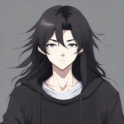 Anime-style boy with long, flowing black hair wearing a casual, black sweater.