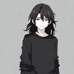 Anime-style boy with long, flowing black hair wearing a casual, black sweater.