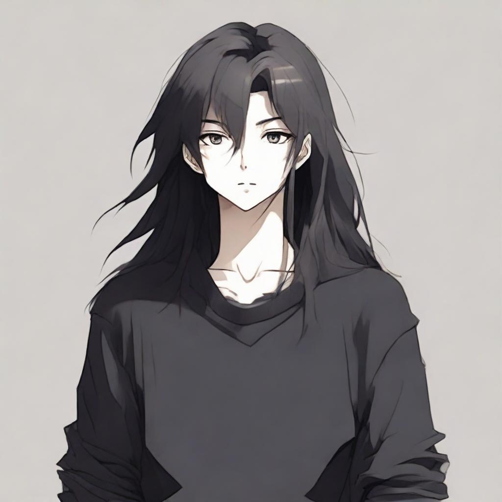 Anime-style boy with long, flowing black hair wearing a casual, black sweater.