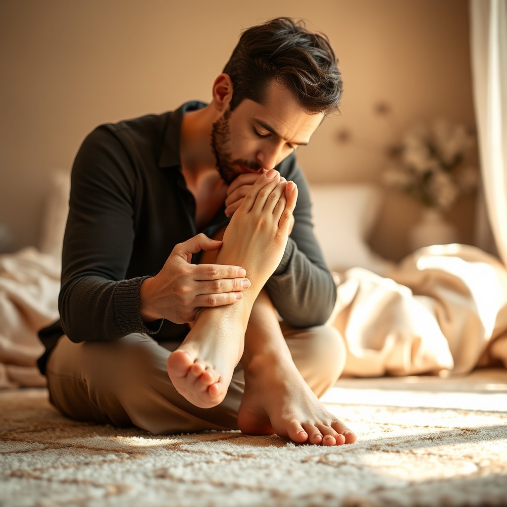 An intimate and romantic scene featuring a man gently kissing a woman's bare feet