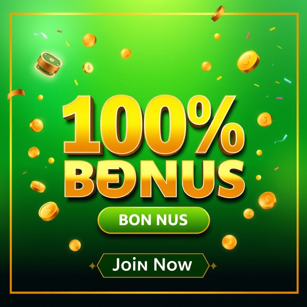 A visually striking and vibrant graphic promoting a 100% deposit bonus