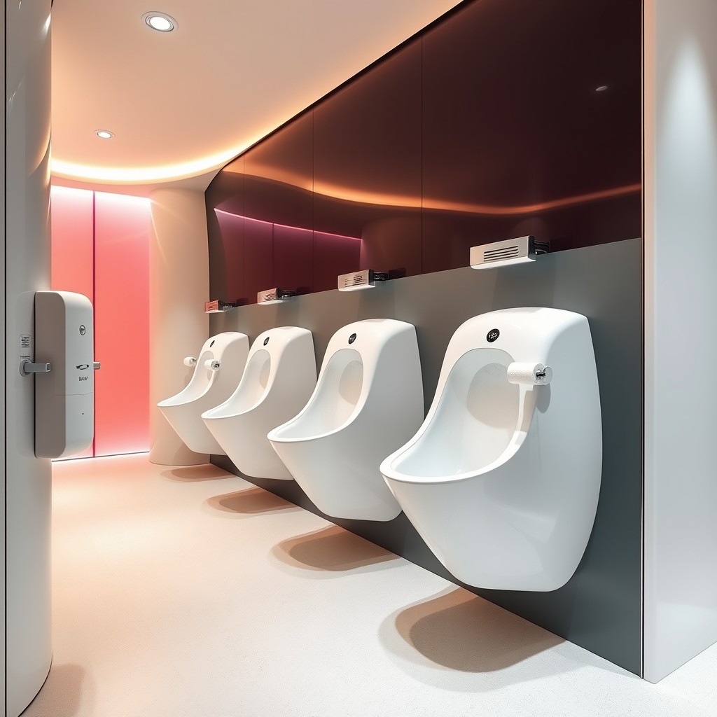 A futuristic women's restroom featuring innovative urinals designed for straddling, prominently positioned for accessibility