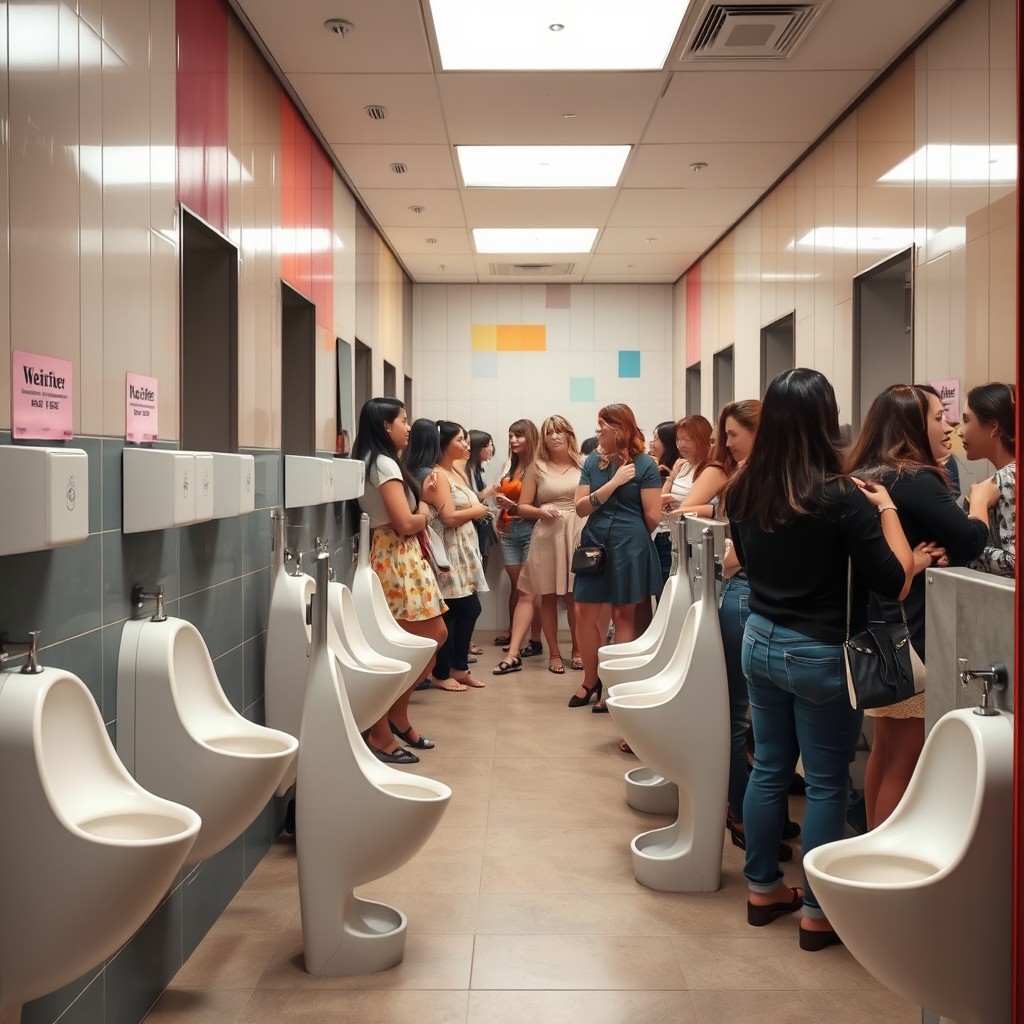 A busy women's restroom featuring modern design elements, equipped with unique urinals that stick out, designed for straddling