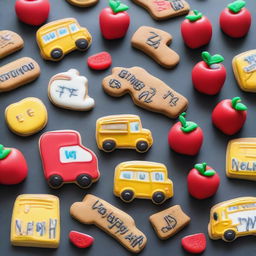 A batch of delicious cookies themed for 'Back to School', decorated with edible letters, miniature sugar books, apples, pencils, and school buses.