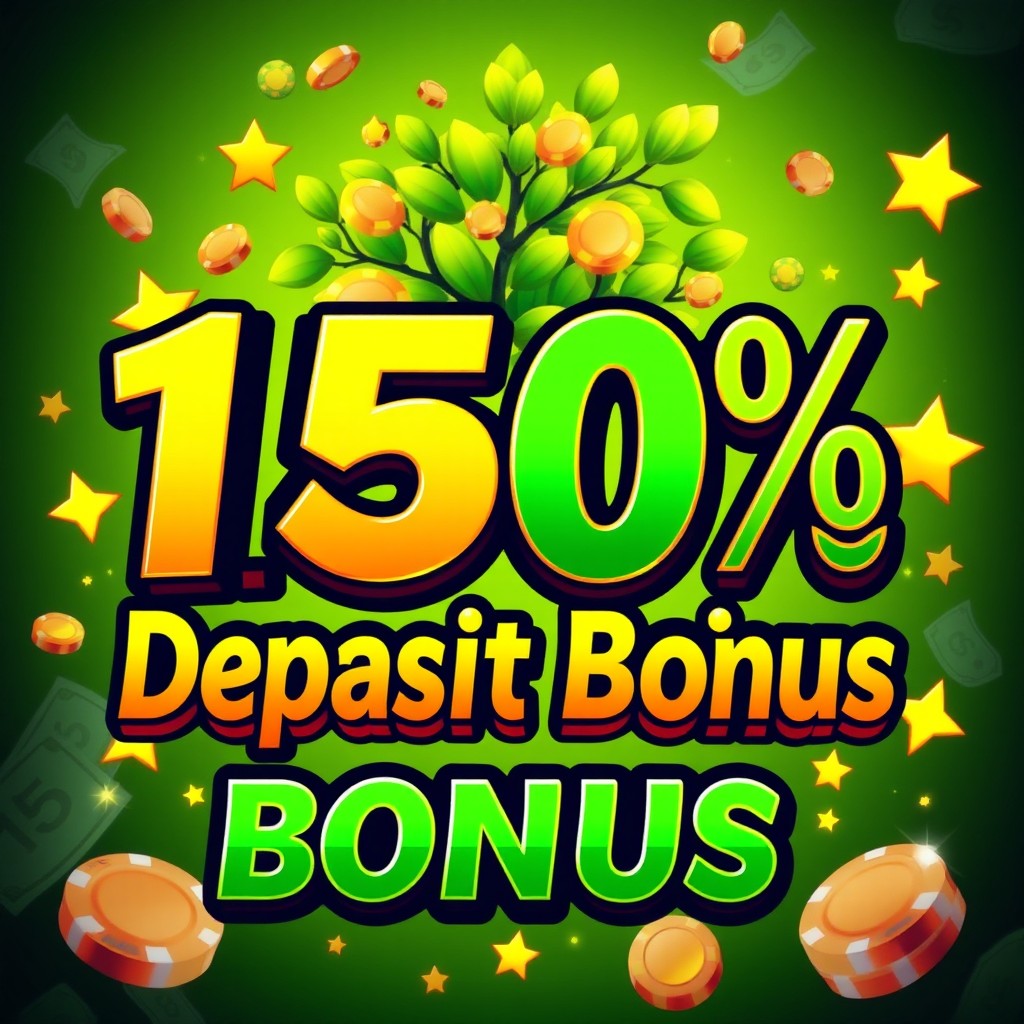 A visually engaging graphic illustrating a 150% deposit bonus concept, featuring vibrant colors and bold typography