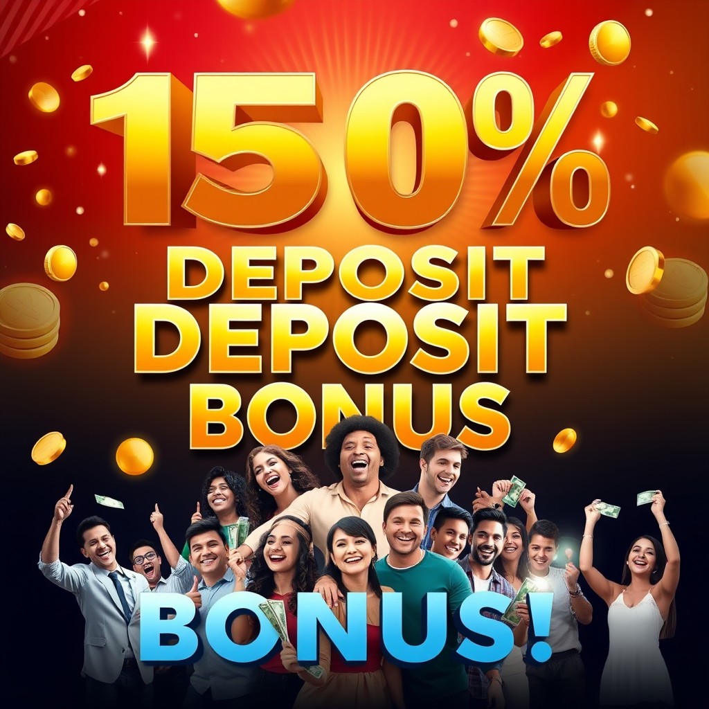 A vibrant and eye-catching promotional graphic for a 150% deposit bonus
