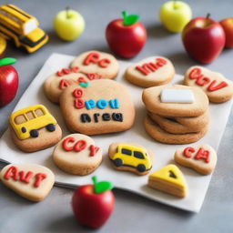 A batch of delicious cookies themed for 'Back to School', decorated with edible letters, miniature sugar books, apples, pencils, and school buses.