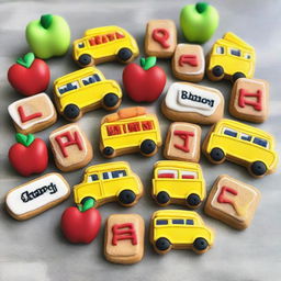 A batch of delicious cookies themed for 'Back to School', decorated with edible letters, miniature sugar books, apples, pencils, and school buses.