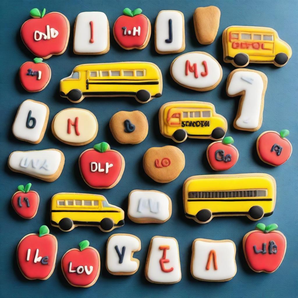 A batch of delicious cookies themed for 'Back to School', decorated with edible letters, miniature sugar books, apples, pencils, and school buses.