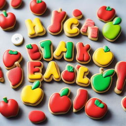 Delicious 'Back to School' themed cookies, decorated with designs like edible letters, miniature books, apples, and pencils all made from icing.