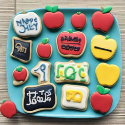 Delicious 'Back to School' themed cookies, decorated with designs like edible letters, miniature books, apples, and pencils all made from icing.