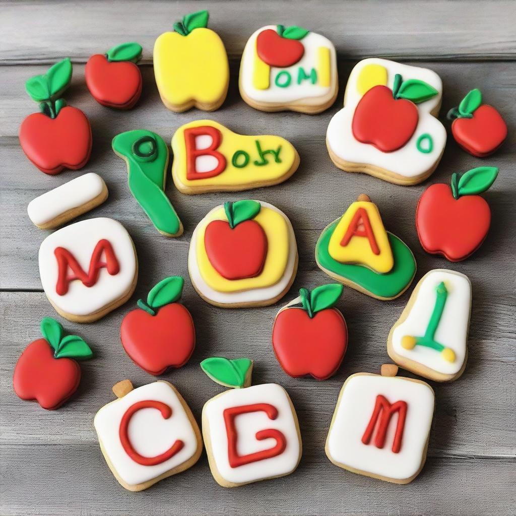 Delicious 'Back to School' themed cookies, decorated with designs like edible letters, miniature books, apples, and pencils all made from icing.