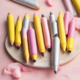 A batch of biscuits shaped and decorated like pencils, with a biscuit base, icing in shades of yellow, silver, pink and black for details, resembling a realistic pencil.