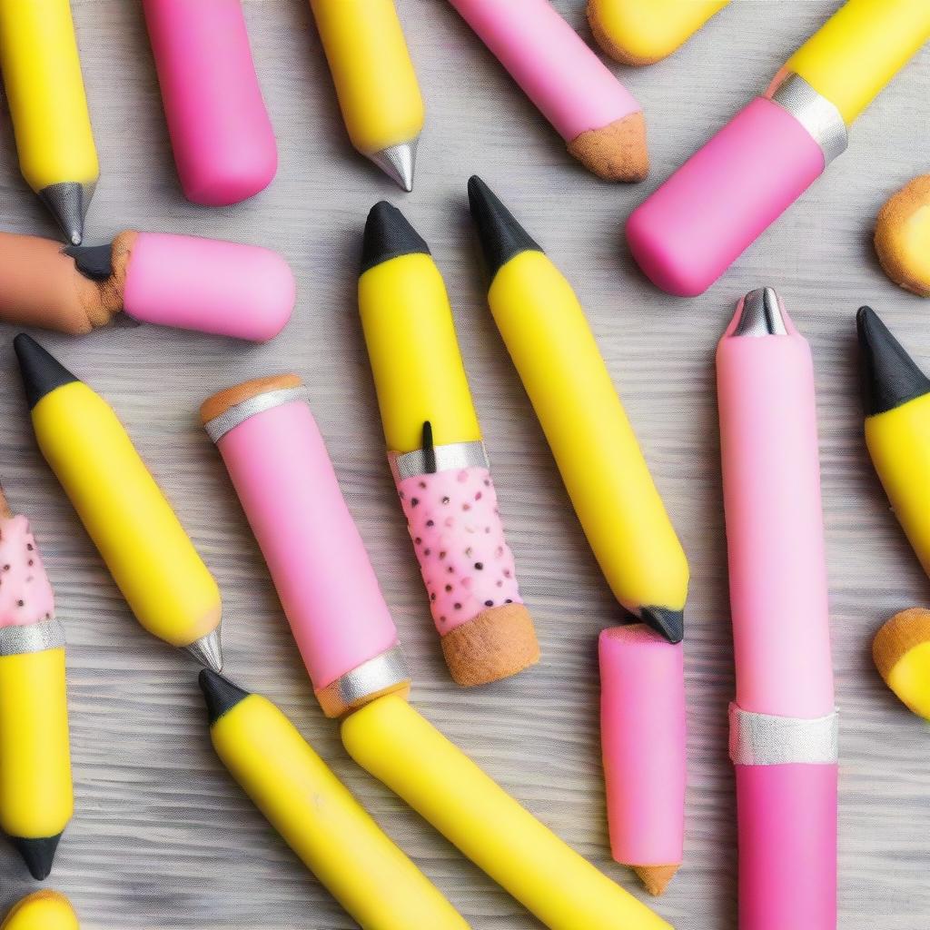 A batch of biscuits shaped and decorated like pencils, with a biscuit base, icing in shades of yellow, silver, pink and black for details, resembling a realistic pencil.