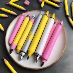 A batch of biscuits shaped and decorated like pencils, with a biscuit base, icing in shades of yellow, silver, pink and black for details, resembling a realistic pencil.