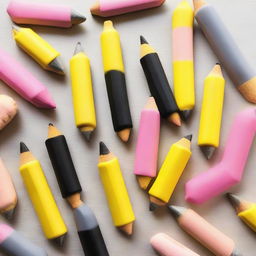 A batch of biscuits shaped and decorated like pencils, with a biscuit base, icing in shades of yellow, silver, pink and black for details, resembling a realistic pencil.