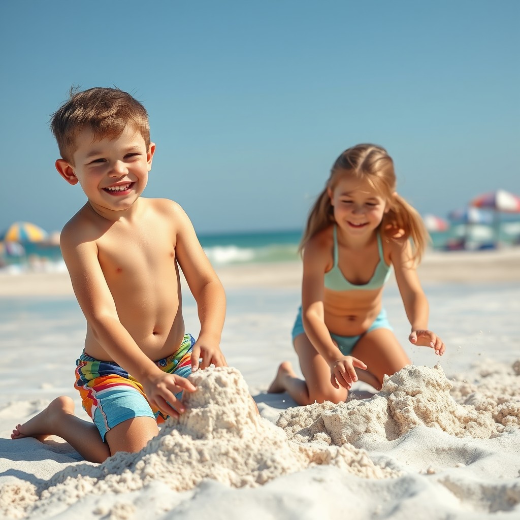 A young boy around eight years old with a fit physique, playing joyfully on a beach