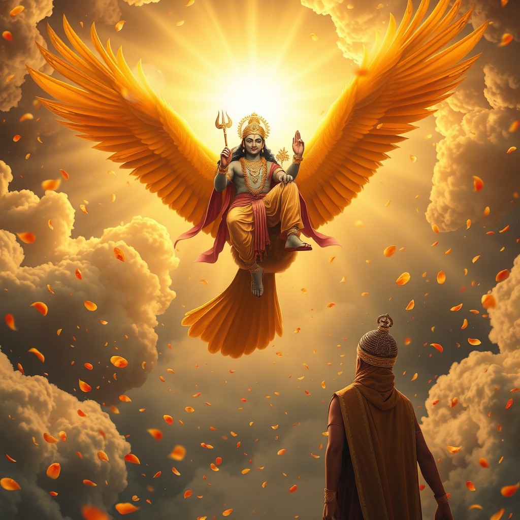 Lord Vitthal riding the majestic Garuda, soaring through golden clouds illuminated by divine light