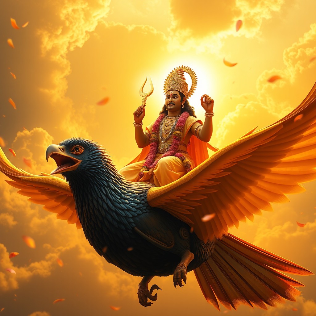 Lord Vitthal, depicted as a divine figure with a serene expression, riding a majestic Garuda, soaring gracefully through a backdrop of vibrant golden clouds