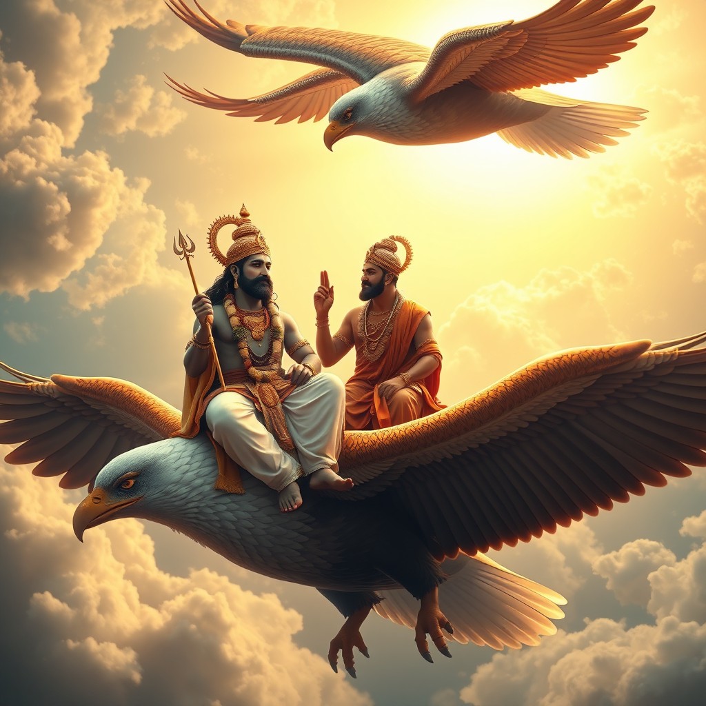 A serene depiction of Lord Vitthal and Saint Tukaram Maharaj sitting together on Garuda, the divine eagle