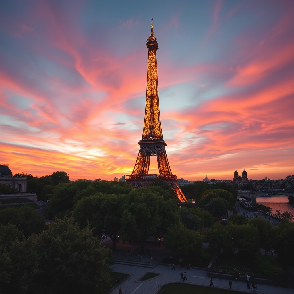 A stunning view of the Eiffel Tower in Paris during sunset