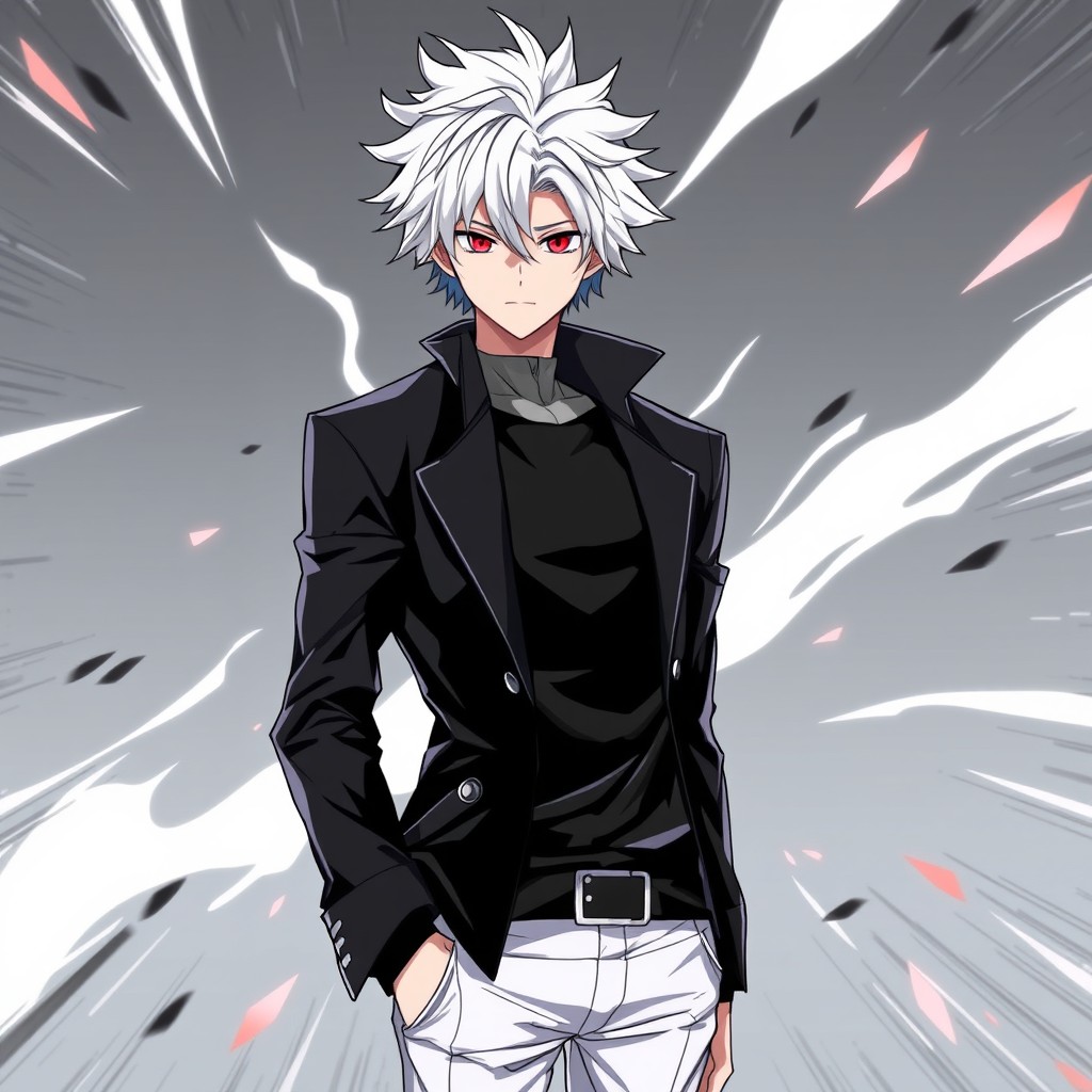 Anime style male character wearing a sleek black jacket, featuring striking white hair and intense red eyes